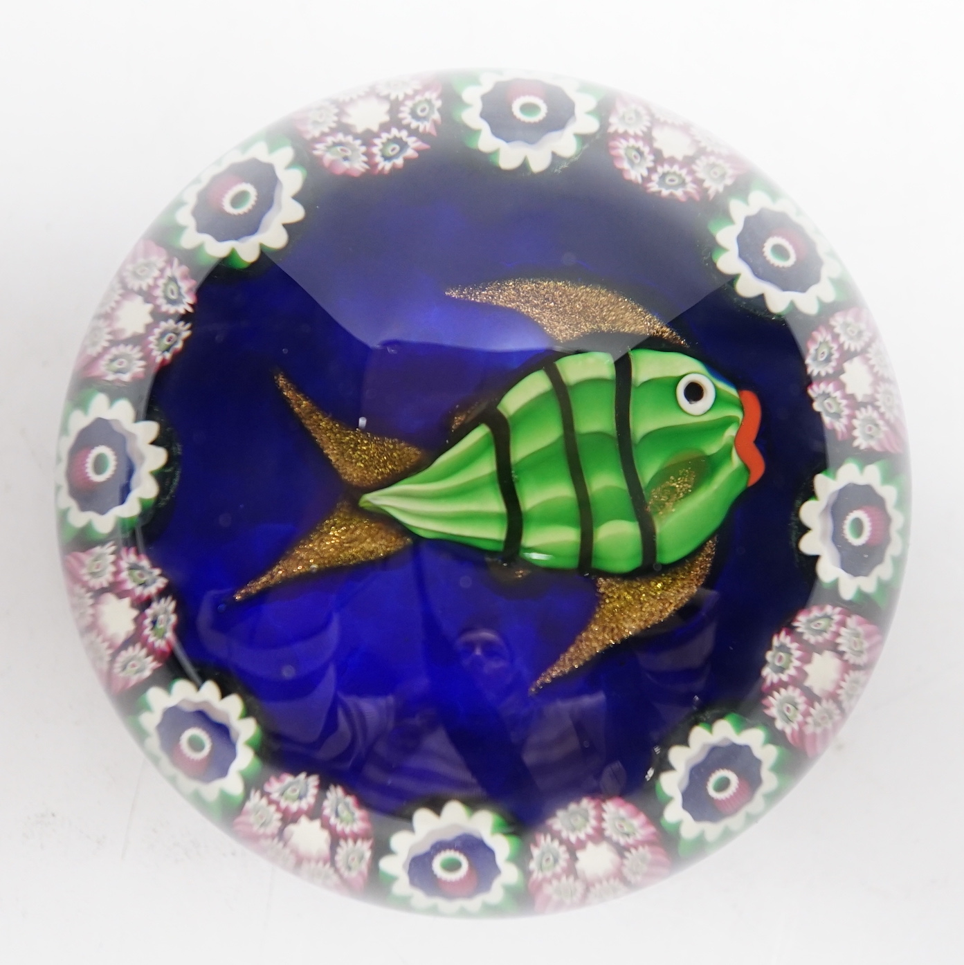A Paul Ysart ‘green fish’ glass paperweight, post-war Moncrieff period, blue translucent ground, 7.5cm